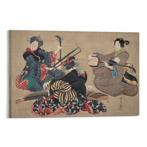 ノーブランド品葛飾応為浮世絵三曲合奏図ポスター印刷ポスターキャンバスウォールアート画像絵画現代芸術壁の絵けソファの背景絵画16x24inch40x60cm