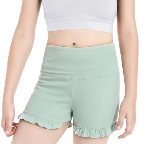 Girls Athletic Shorts Ruffle High Waisted Stretch Yoga Shorts for Kids, Comfy Dance Gymnastics Shorts for 5-14 Y