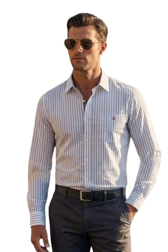 Image of Louis Philippe Men's Slim Fit Signature Oxford Easy Care, Natural Stretch Full Sleeve Stripe Casual Shirt