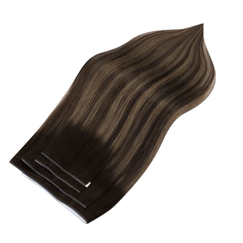 Image of Full Shine Tape in Weft Hair Extensions Human Hair 20 Inch Color 2 Dark Brown to 8 Ash Brown and 2 Dark Brown Seamless Genius Weft Hair Extensions 4PCS Straight Soft and Silky 120g