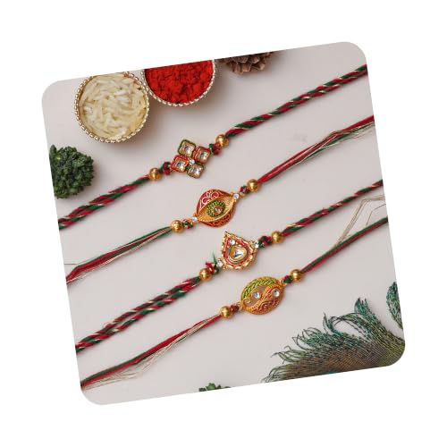 Image of eCraftIndia Multicolor Set of 4 Radha Krishna Playing Flute, Peacock, Krishna Flute, Peacock Feather Designer Religious Rakhis with Roli Chawal Pack