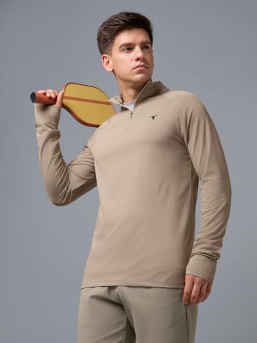 Image of TECHNOSPORT Men's Solid Quarter Zip Gym Slim Fit Active Sports T-Shirt with COTFLEX Full Sleeve Cotton Feel Polyester 4-Way Stretch Memory Fabric Lightweight Workout Running Training