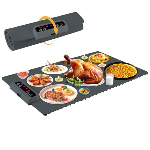 Food Warming Mat-Foldable Electric Warming Mat for Food Sillicon Food Warmer with Adjustable Temperature Control Time Moders Locking Function Warming Tray for Buffet,Party Dark Grey