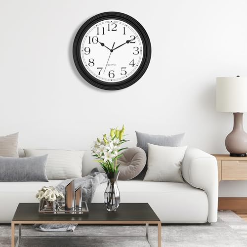 Image of Foxtop 14 Inch Wall Clock Battery Operated Silent Non-Ticking Round Classic Vintage Retro Wall Clock Decorative for Living Room Kitchen Home Office (Black)