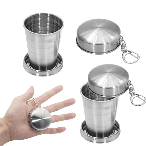 CONSIO Stainless Steel Collapsible Cup, 2 Pieces Fold-able Collapsible Shot Glasses with Lids 2.5 Oz (75ml) Travel & Camping Cups with Keychain