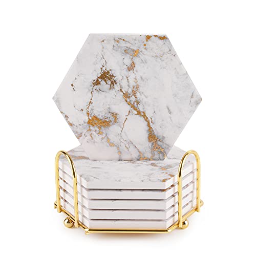 Marble Coasters for Drinks Absorbent with Cork Base,Drink Coasters Set of 6 for Table,Ceramic Coaster with Holder,Home Decor Coffee Cup Beverage Wine Beer Bar Coaster (Gold03)
