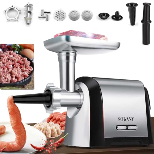 SOKANY SK-088 Picadora de carne eléctrica (3200 W, 3 en 1, 3 en 1, con 3 discos de acero inoxidable, accesorio para salchichas, tapón, accesorio de kebbe)