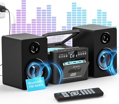 Greadio Stereoanlage mit CD Player und Kassettenrekorder, 40W Lautsprecher, Bluetooth 5.1, Kompaktanlage mit UKW Radio/USB/TF/AUX/Fernbedienung, HiFi Musikanlage (Schwarz)