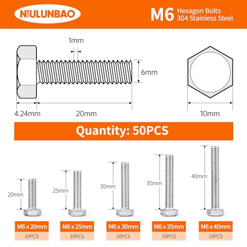 Image of M6 x 20mm 25mm 30mm 35mm 40mm Heavy Duty Hexagon Bolts Hex Head Screws, 304 Stainless Steel, Metric, Machine Fully Thread, Bright Finish, Assortment Kit 50PCS