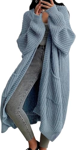Kenhansion Womens Long Cardigan Sweaters Oversized Open Front Knit Chunky Warm Sweater Coat Fall Winter Knee Length Outwear (Light Blue,Large)