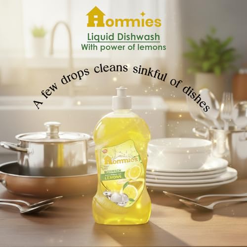 Image of Hommies Lemon Dishwash Liquid Gel Refill Pack 500ml Pack of 2 | No Residue Grease Cleaner Kitchen Soap for Utensils | Tough on Stains Gentle on Hands