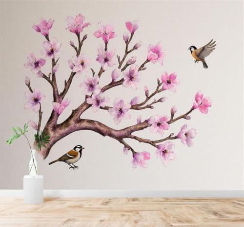 Papier peint intissé fleurs de cerisier rose 3D oiseaux canapé salon 400x280