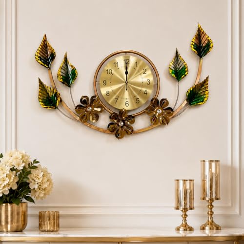 Image of SHREE 'O' GREEN TECH - Large Metal Wall Clock with Golden Leaf Floral Design, Modern Luxury Wall Art for Living Room, Bedroom, Office and Hotel Interior Decoration, 31 x 20 Inch