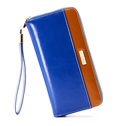 Image of ANDOILT Womens RFID Blocking Genuine Leather Zip Around Wallets Large Cell Phone Holder Clutch Travel Purse Wristlet Blue