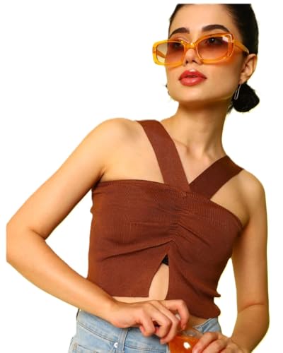 Image of Bedazzle Women's Ribbed Cutout Crop Top | Strappy V-Neck Ruched Sleeveless Tank | Sexy Stretchy Bodycon Club Wear for Party & Summer