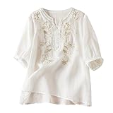  Damen Stickerei T-Shirt Sommer Kurzarm Freizeit Bluse V-Ausschnitt Blumen Oberteile für Frauen Bluse Sommer Damen Tunika Bohemian Stickerei Folklore Tops Boho Hippie Kurzarm Lose Oberteil