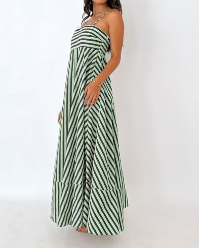 Image of Women Striped Maxi Dress Smocked Backless Spaghetti Strap Long Flowy Dress Sleeveless Boho Aline Sundress