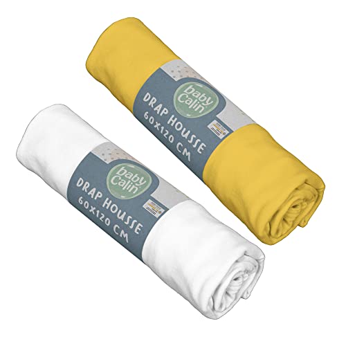 BabyCalin - Lot de 2 draps housse 60x120x15cm Moutarde/blanc certifié OEKO-TEX