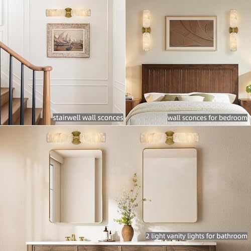 Image of 20in Alabaster Wall Sconces Set of Two, Modern Spanish Natural Marble Bathroom Vanity Sconces, Brass Alabaster Sconce Wall Lighting, Gold Wall Light Fixtures Decor for Bedroom Living Room Staircases
