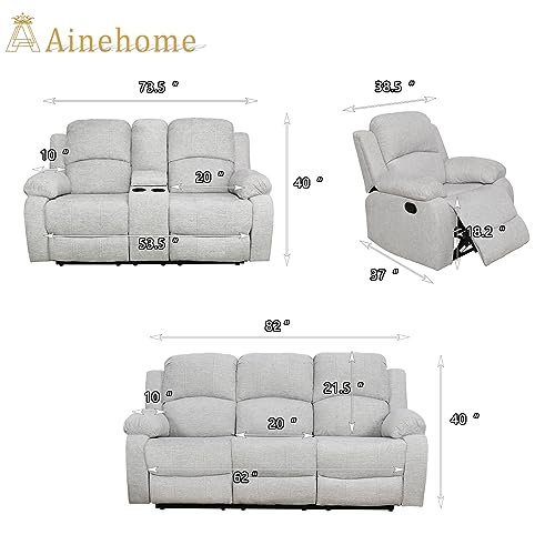 A Ainehome Living Room Furniture Set 3 Pieces Microfiber Recliner Sofa Set Loveseat Chair Furniture Sofa Set for Living Room/Rv/House/Office/Theater Seating (A-Grey White Microfiber,3 Piece Set)