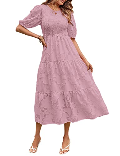 MEROKEETY Women's 2025 Casual Short Sleeve Smocked Dress Round Neck High  Waist Ruffle Party Dresses,Purple,S at Amazon Women's Clothing store