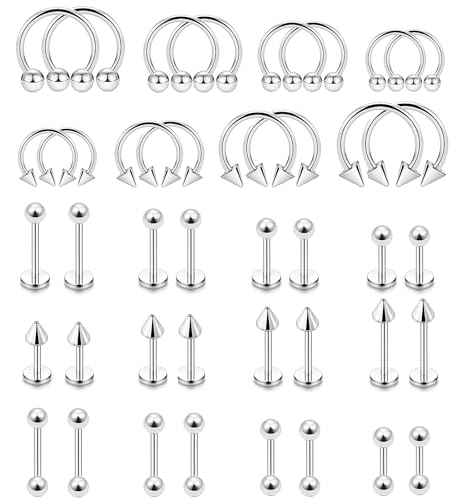 40Pcs 16G Lip Rings Surgical Steel Snake Bite Jewelry Labret Monroe Barbell Daith Tragus Helix Piercing Nose Septum Jewelry for Women Men 6mm/8mm/10mm/12mm