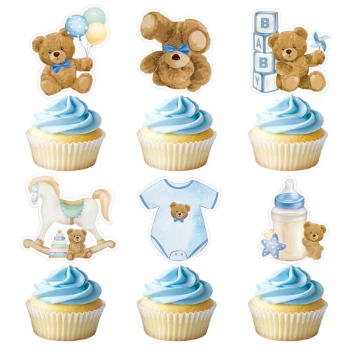 CharmeFleur 24 pièces Décoration Cupcake Ourson Bleu pour Baby Shower Garçon Nous Avons Hâte Topper pour Cupcake