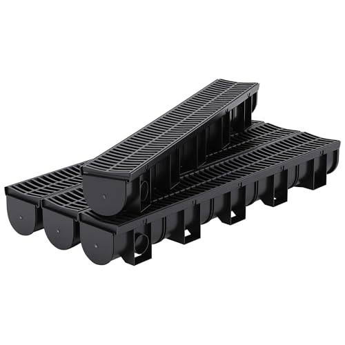 5-Pack 39.4" l Channel Drain System with Plastic Grate, Heavy-Duty HDPE Trench Drain for Driveway, Landscape, Patio, Pool, Yard & Roof Runoff | 5.9" w x 5.1" h | Weather-Resistant & Easy DIY Installat