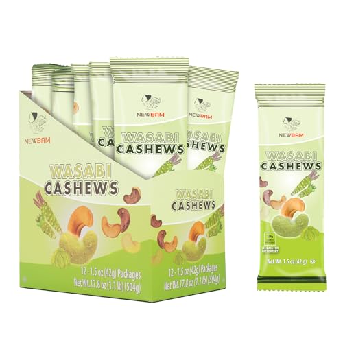 Image of NEWBAM Wasabi Roasted Cashews - 12 Individual Packs (1.5oz) - Vegan | Real wasabi seasoning, Japanese-inspired flavor. 15g net carbs, 5g protein. From Binh Phuoc, Vietnam.