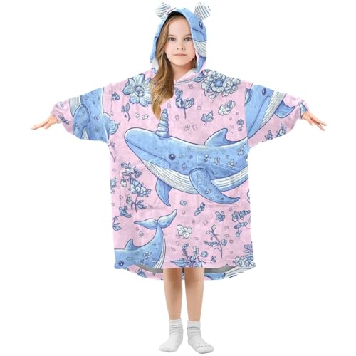 GOODOLD Narwhal and Flowers Wearable Blanket Hoodie for Kids Oversized Sherpa Hooded Blanket Cozy Warm Gift
