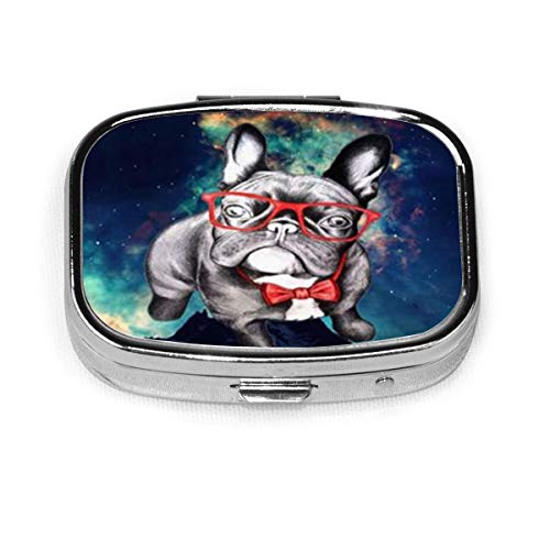 Preisvergleich Produktbild Lustige französische Bulldogge mit Glas benutzerdefinierte Mode Silber Quadrat Pillendose Medizin Tablet Inhaber Wallet Organizer Fall für Tasche oder Geldbörse