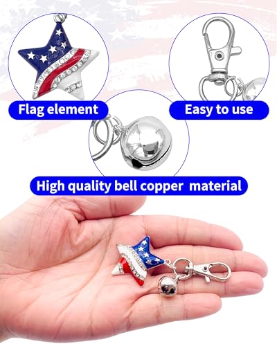 PET SHOW 4 Pack 4th of July Copper Bells for Small Dogs Cats Collar Charm Stars&Hearts American Flag Medium Large Dog Pet Pendant Accessories with Snap Clips Patriotic Rhinestone Keychain Bell