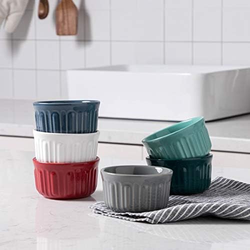 FE Souffle Dish, Stoneware Ramekins Set of 6, 240 ml Rome Pillar Creme Brulee Dishes For Dipping Sauces, Pudding, Ice Cream, Classic Style oven safe bowl(Grey)