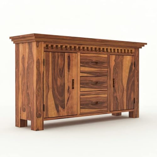 Image of Solid Sheesham Wood Sideboard and Cabinets | Wooden Side Board Media Console Tv Cabinet for Living Room | Free Standing Cabinet with 3 Drawers & 2 Door Cabinet Storage | Natural Finish