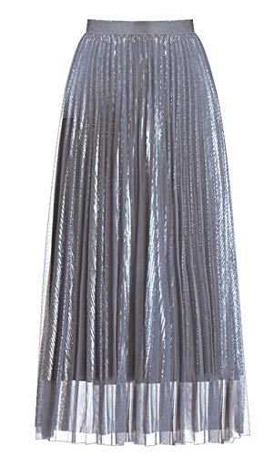 CHARTOU Women's Stylish Metallic Shimmer Elastic Waist Long Tulle Sequins Pleated Skirt (OneSize,Grey)