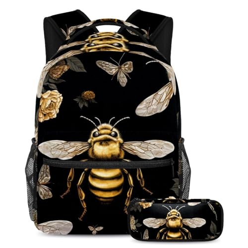 Sac à dos imprimé abeilles et fleurs, ensemble de cartables scolaires avec trousse pour étudiants