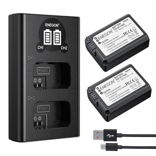 ENEGON Batteries NP-FW50 (2x1300mAh) + Chargeur LCD Intelligent USB Double Entrée – avec Sony Alpha ZV-E10, A6500, A6400, A6300, A6000, A7, A7S, A7S II, A5100, A5000