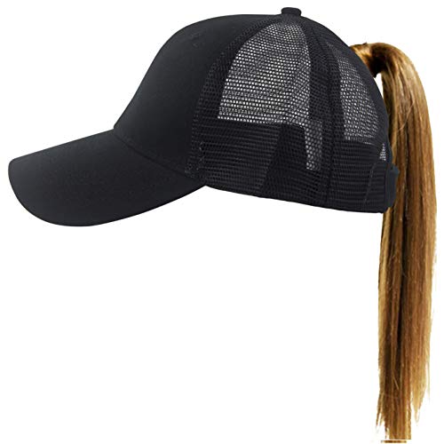 Muryobao Women's Ponytail Baseball Cap Messy High Bun Adjustable Plain Trucker Dad Hat, Mesh-black, One size