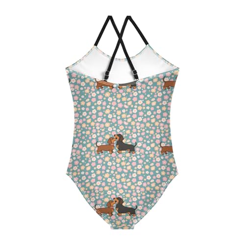 senya Girls Swimsuits One-Piece Swimwear Tie Bathing Suit Beach Summer Round Neck 9-10T Dachshund Pink Roses Pattern2