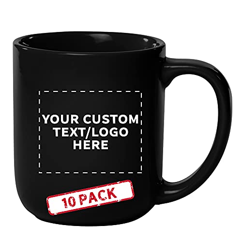 Discount Promos 10 Vibrant Color Glossy Ceramic Mugs Set, 16 Oz. - Stoneware, Drinkware, Coffee, C-Handle - Black #TOP8
