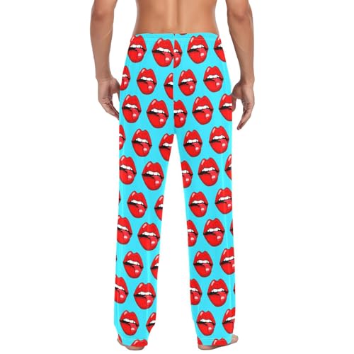Men's Red Lips Pajama Pants with Pockets - Straight Fit Cotton Sleep Bottoms for Lounge & Nightwear#2533