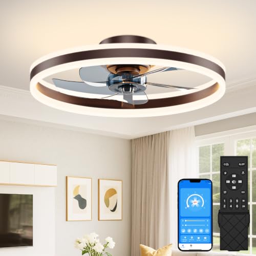 Image of VOLISUN Low Profile Ceiling Fans with Lights and Remote, 20in Flush Mount Ceiling Fans with Light, 3000K-6500K Dimmable Fandelier LED Fan Light, Brown Bladeless Ceiling Fans with Lights for Bedroom