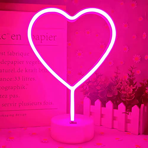 Image of Neon Heart Sign Pink LED Light with Base, USB /Battery Powered Heart Decor for Bedroom, Valentine's Day Decor