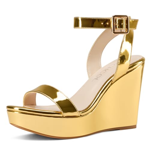 Image of Aachcol Women Platform Wedge Sandals Round Peep Open Toe Ankle Strap Slingback Two-Piece Chunky Block High Heel Dress Shoes Pumps Party Patent 4 Inch