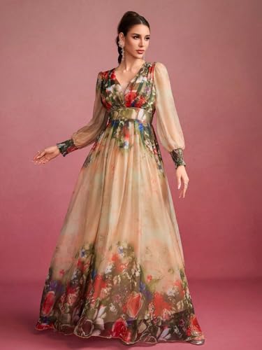 Image of TOLEEN Summer Casual Dresses for Women 2024 Spring Fashion Boho V Neck Long Sleeve Ruffle Floral Print Elegant Maxi Dress