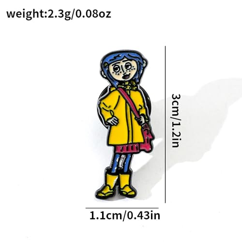 Image of The Secret Door Horror Movie Pin - Cartoon Yellow Raincoat and Coral Doll Enamel brooch Pin for Halloween Jewelry Accessory Gift for Horror Movie Fans (Coraline Set)