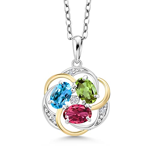 Gem Stone King 925 Sterling Silver and 10K Yellow Gold Customized and Personalized 3 Stone Oval Gemstone Birthstone and White Lab Grown Diamond Pendant Necklace For Women with 18 Inch Chain