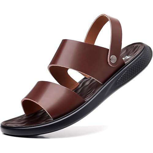 Men's Leather Fashion Sandals - Open Toe with Adjustable Ankle Strap - Slip-On Beach Shoes - Non-Slip Soft Comfortable Slides