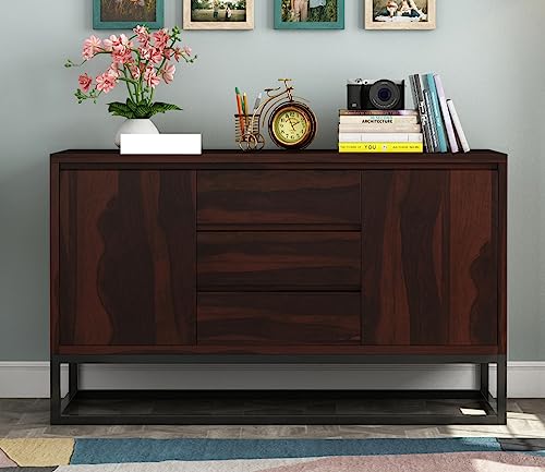 Image of Solid Sheesham Wood Wooden Sideboard Storage Cabinet : Ideal for Living Room and Bedroom with 3 Drawers and 2-Shelf Storage (Ray, Walnut Finish)
