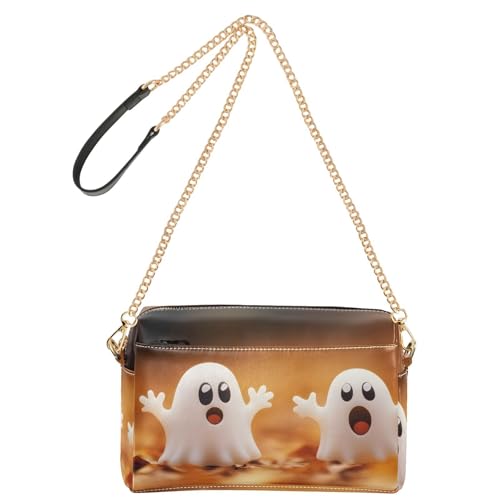 Women Crossbody Bag Shoulder Handbag Cellphone Purse PU Leather Metal Chain Strap Water Resistant Zipper Closure Cute Ghosts Print